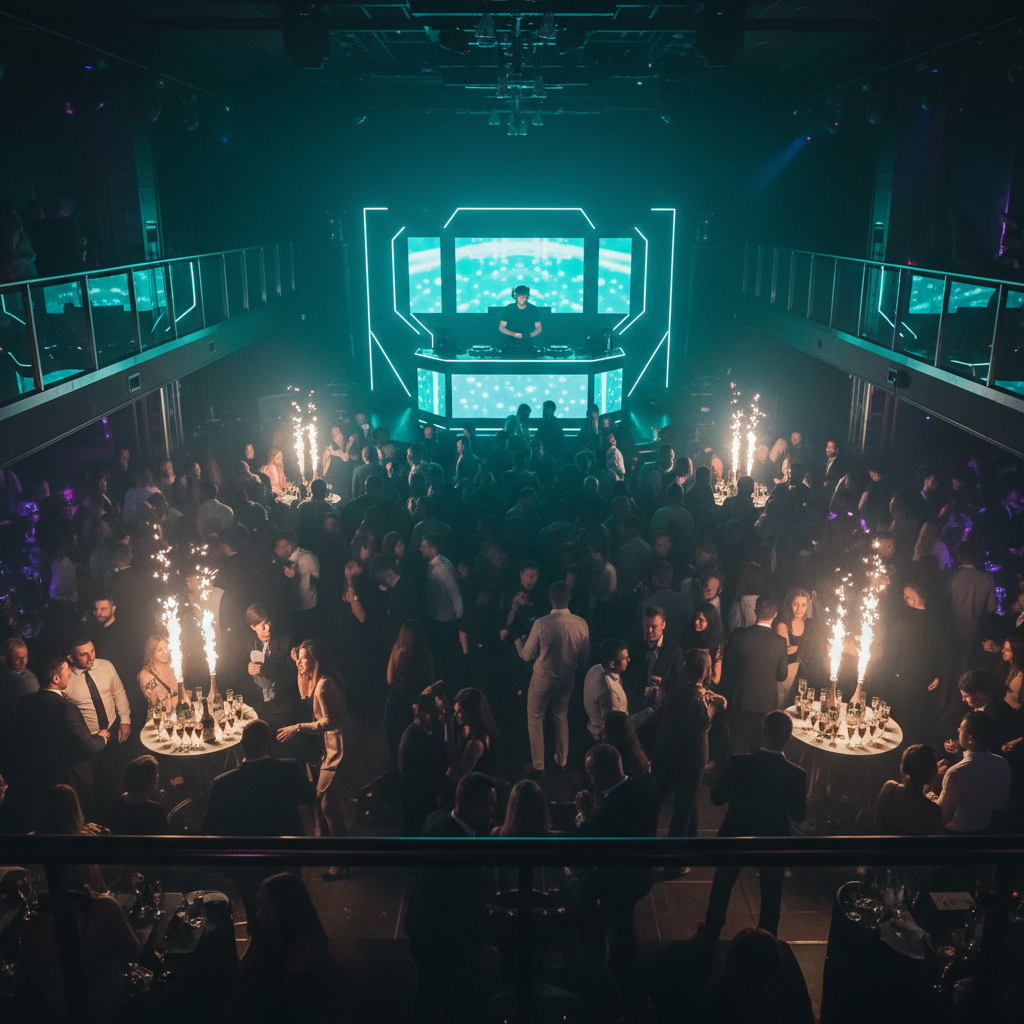 Upscale nightclub event with dramatic lighting and crowd